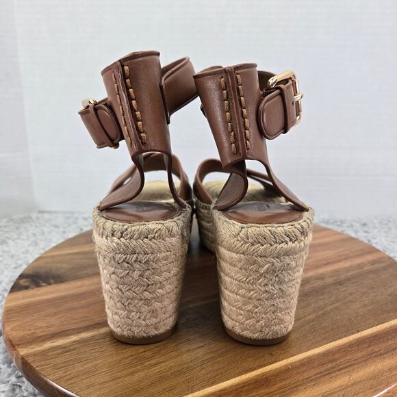 Coach Primrose Brown Leather Double Ankle Strap Platform Espadrille Wedge Sandal - Picture 4 of 16